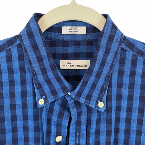 Peter Millar Mens' M Blue Plaid Button‎ Down 100% Cotton Shirt Long Sleeves - Picture 4 of 8